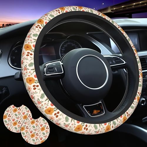 Retro Floral Steering Wheel Cover Cute Floral Steering Wheel Cover Cute Breathable Universal for 15 Inch Anti-Slip Car with 2 Pieces Car Coasters Suitable for Men Women Florals - color: Retro Floral