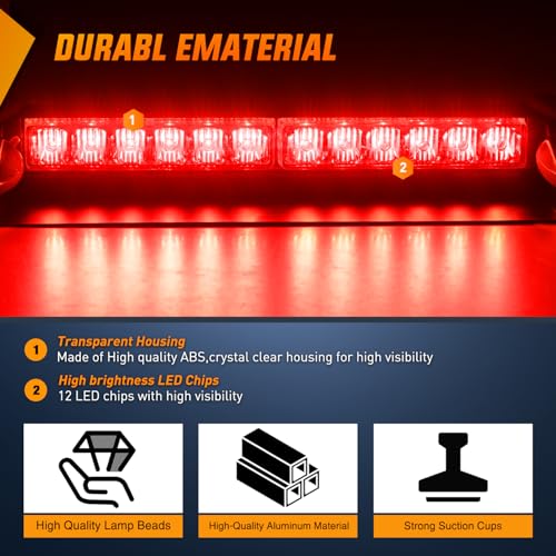 Nilight 12LED Traffic Advisor Strobe Light Bar Red Emergency Warning Hazard Safety Dash Front/Rear Windshield Flashing Lights for Cars Trucks Police Firefighter Plow Construction Vehicles - color: Red