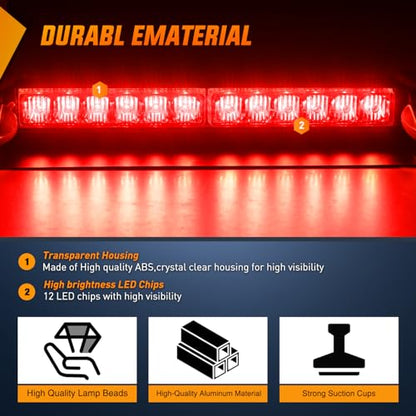 Nilight 12LED Traffic Advisor Strobe Light Bar Red Emergency Warning Hazard Safety Dash Front/Rear Windshield Flashing Lights for Cars Trucks Police Firefighter Plow Construction Vehicles - color: Red