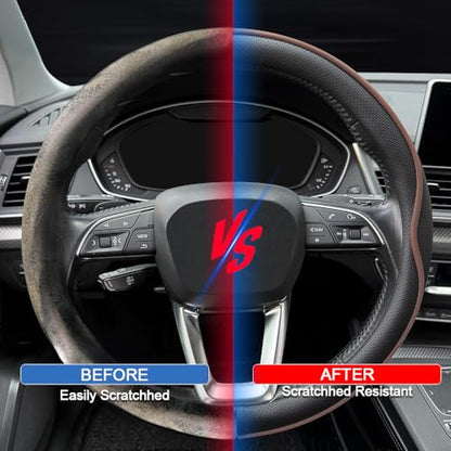 HAOTULE Leather Steering Wheel Cover， with Anti-Slip Stripe Design - Enhanced Grip, Fashion Style, Safe, Non-Slip, Breathable. Upgrade car Interior，Black Brown - color: Black Brown