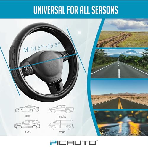 PIC AUTO Steering Wheel Cover, Black Thick Rhombic Foam and Premium Leather, Universal 14.5-15.5 Inch Breathable Anti-Slip Steering Wheels Accessories for Men & Women - color: Black