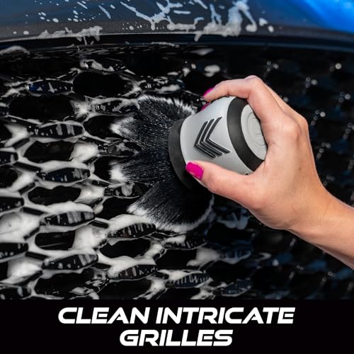 VIKING Car Cleaning Brush for Car Detailing Kit, Super-Soft Bristles for Interior Detail and Cleaning, 5 Inch Diameter, Black/Grey, Storage Stand Included