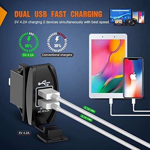 Nilight Dual USB 4.2A Rocker Switch Style 12V/24V Fast Socket Waterproof Quick for Cars Boats Trucks RVs, 2 Years Warranty, Blue - style: Dual USB
