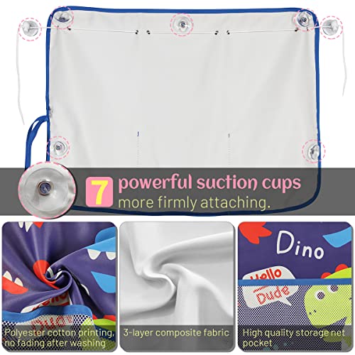 DIZA100 Car Window Shade for Baby, 2 Pack Car Sun Shades with Storage Net Pocket Auto Window Curtain 7 Suction Cups Blue Dinosaurs for Sun/Heat/UV Rays Protection Kids - color: Blue Dino-2pcs