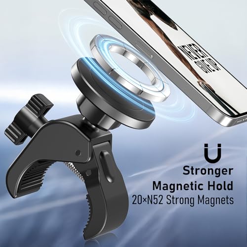 Magnetic Phone Holder Clamp Mount – 20 x N52 Strong Magnet Mount for Gym, Spin Bike (Fits Peloton), Treadmill, Stroller, Golf Cart, Shopping Cart – Compatible with Mag-Safe iPhone 12-17 Series