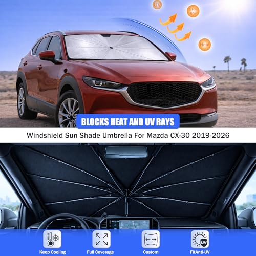 2026 Upgraded Car Windshield Sun Shade Umbrella - Custom-Fit for Mazda CX-30 2019-2026 Sunshade,UV Protection & Heat Reflective,Keep Interior Cooler with Storage Bag - size: For Mazda CX-30 2019-2026