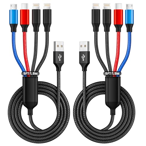 IDISON Travel 4 in 1 Multi Charging Cable with Dual IP/Type C/Micro USB, 2Packs 5FT Car Accessories iPhone Charger Cord for Multiple Devices, Universal USB Cable for iPhone17-8/iPads/Tablets and More - color: BlackRed