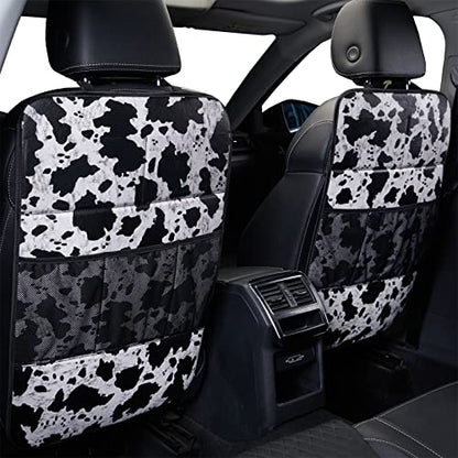 Cow Print Car Seat Back Kick Protectors,2 Pack Kick Mats with Storage Pockets,Car Accessorise(Cow Print)