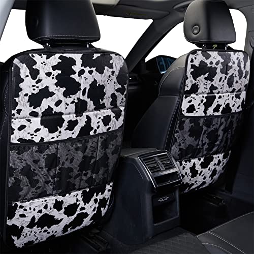 Cow Print Car Seat Back Kick Protectors,2 Pack Kick Mats with Storage Pockets,Car Accessorise(Cow Print)