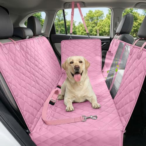 Dog Car Seat Cover, 600D Heavy Durable Dogs Seat Cover for Back Seat, 100% Waterproof Scratch Proof Nonslip Dog Hammock for Car with Side Flap, Pet Seat Covers with SeatBelt for Cars Sedan SUV Trucks - color: Pink, size: Standard (53.9*57.9 )