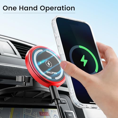 OHLPRO 15W Magsafe Car Mount Charger for iPhone 17, Fast Wireless Charging Magnetic CD Slot Holder with 3M Adhesive Base for Dashboard, Aluminum Shell, Compatible with iPhone 16 15 14 Series, Red - color: Red