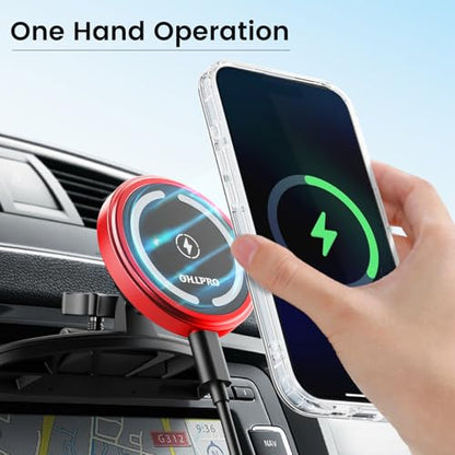 OHLPRO 15W Magsafe Car Mount Charger for iPhone 17, Fast Wireless Charging Magnetic CD Slot Holder with 3M Adhesive Base for Dashboard, Aluminum Shell, Compatible with iPhone 16 15 14 Series, Red - color: Red
