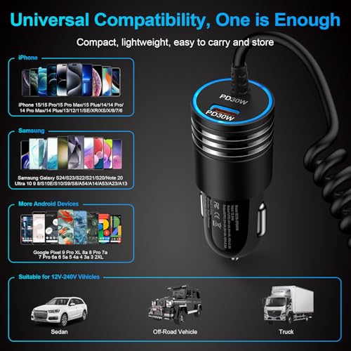 for iPhone 17e 17 Car Charger, 60W USB C Fast Car Adapter with 3FT Built-in Coiled USB C Fast Charging Cable for iPhone 17e 17 Pro Max 17 Pro Air 16e 16 Pro Max 16 Plus 15,Samsung Galaxy S26 A17 A56 - style: Coiled Cable