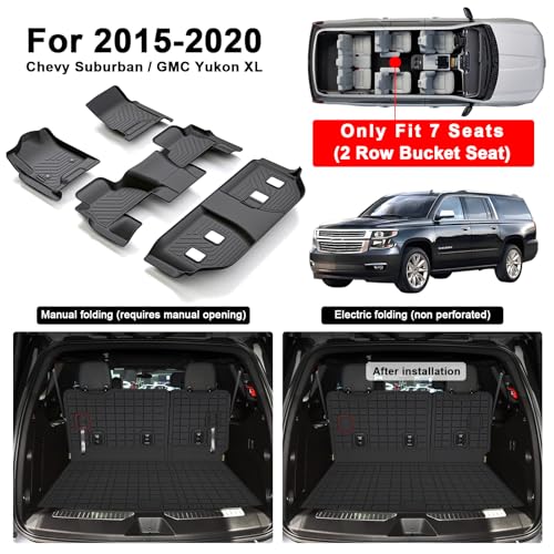 Floor Mats for 2015-2020 Chevy Chevrolet Suburban/GMC Yukon XL 7 Seats (Not for Yukon) (2nd Row Bucket Seats) & Cargo Mat & Backrest Mat,TPE All Weather Protection Full Set Accessories - size: For 2015-20 Suburban Full Set Mat（7set）