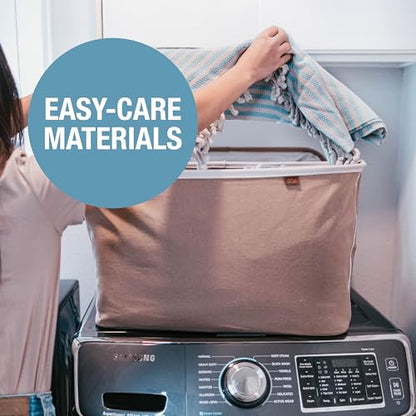 CleverMade Collapsible Laundry Basket LUXE 2 Pack – 60 L (16 Gal) Foldable Cotton Blend Clothes Hamper with Vegan Leather Accents, Reinforced Handles, Space Saving Laundry Bin Holds 55 lbs - Cream - color: Cream Herringbone