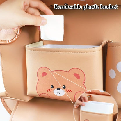Car Organizer for Back Seat - Bear Design Storage Bag with Multi-Pockets, Kick Mat, Cup Holder, Trash Can, Table & Phone Holder | PU Leather, Waterproof, Easy Clean Car Accessories