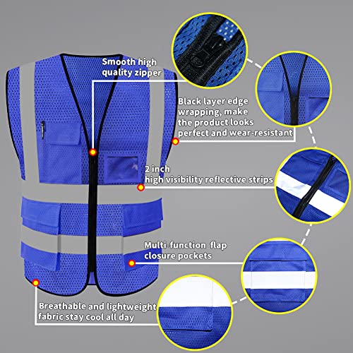 HYCOPROT High Visibility Mesh Safety Reflective Vest with Pockets and Zipper, Meets ANSI/ISEA Standards - color: Blue, size: Large