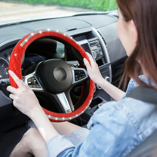 Diamond Steering Wheel Cover，with Bling Crystal Rhinestone, Delicate and Anti-Slip Sparkly Steering Wheel Cover ，Adaptable to 14.5-15 inches Car Wheel Protector for Women Girl，Car Accessories, Red - color: Red