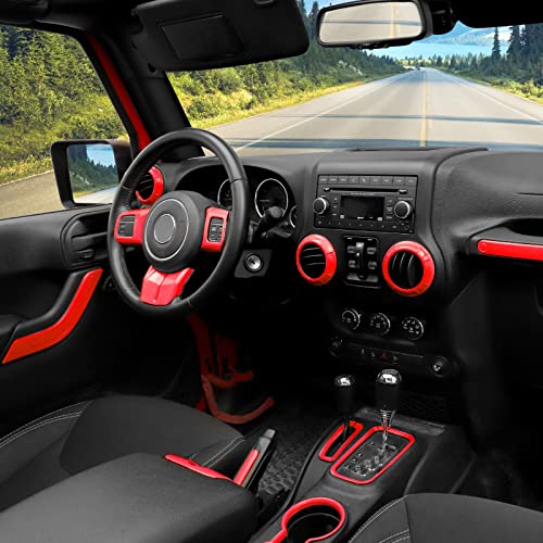 CheroCar 18PCS Interior Trim Kit for Jeep Wrangler JK JKU 2011-2018 4 Door,Steering Button Frame, Air Conditioning Vent Trim Cup Holder Cover,Gear Shift Knobs Frame,Red… - color: Red