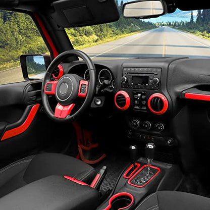 CheroCar 18PCS Interior Trim Kit for Jeep Wrangler JK JKU 2011-2018 4 Door,Steering Button Frame, Air Conditioning Vent Trim Cup Holder Cover,Gear Shift Knobs Frame,Red… - color: Red