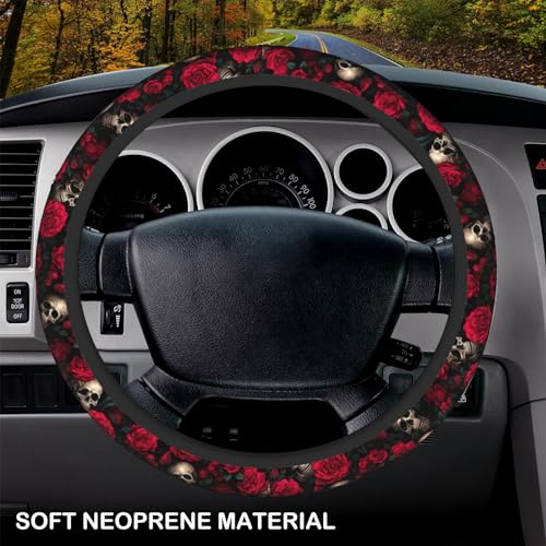 Red Rose Skull Steering Wheel Cover, Non-Slip Breathable Neoprene Steering Wheel Covers, Car Accessories Universal 15 Inch Fit Auto, Suvs, Truck - color: Rose Skull