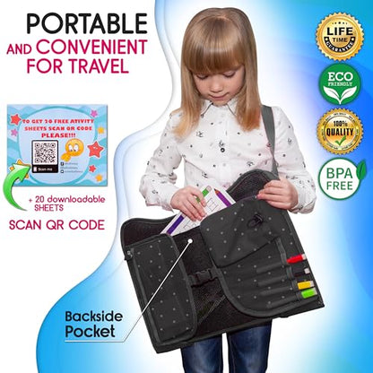 Kids Travel Tray - Waterproof Lap Table with No-Drop Large Tablet Holder - Car Seat Tray - Road Trip Essentials Kids - Car Desk Organizer for Airplane - Toddler Travel Essentials - color: PREMIUM BLACK