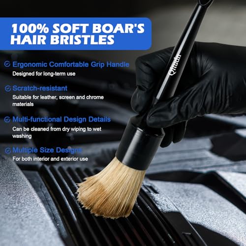 5PCS Car Detailing Brush,Boars Hair Detailing Brush Set, No Scratch,Ultra Soft for Interior and Exterior Car Cleaning, Dashboard, Leather Seat,Air Vents Wheels,Tires