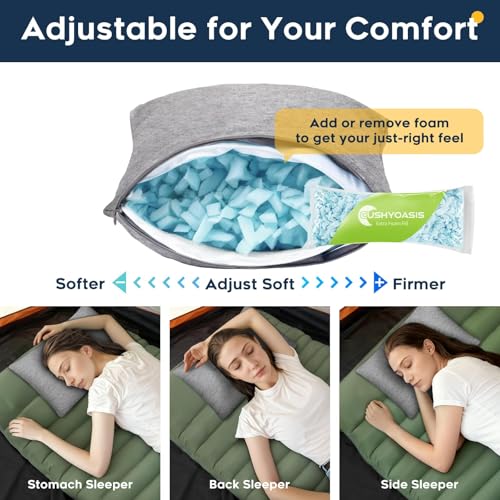 CushyOasis All-in-1 Camping Pillow Set - Shredded Memory Foam Neck Pillow Travel Pillow with Eye Mask, Earplugs, Washable Cover, Compact for Backpacking, Camping, Flights, Car Travel (Small Size) - size: Small