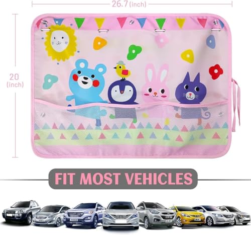 DIZA100 Car Sun Shade for Window Baby (2 Pack), Blackout Window Shades with Storage Net Pocket, 7 Suction Cups, Cute Patterns for Sun/Heat/UV Rays Block - color: Pink-Animals 2PC