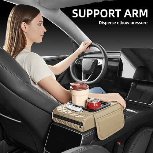 5 in 1 Car Center Console Cover, Armrest Pad with 2 Storage Pockets, Cup Holder, Tissue Box Slot, Phone Holder, Universal Car Interior Organizer (Beige) - color: Beige