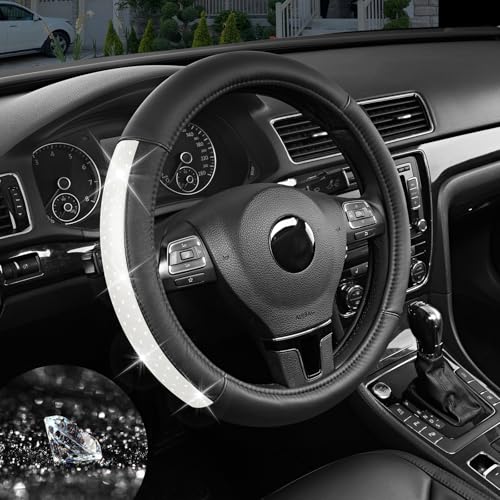 Road Comforts Bling Steering Wheel Cover for Women Girls, Sparkly Rhinestone Leather, Diamond Car Accessories, Anti-Slip Thick Soft Grip, Universal 14.5–15 Inch, for Her - color: White