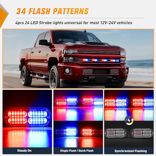 Nilight 4PCS 24LED Emergency Strobe lights 12V 24V Red Blue Surface Mount Grille Hazard Safety Warning Light Sync Feature Side Flashing Marker Flash for Car Truck Campers - color: Red Blue