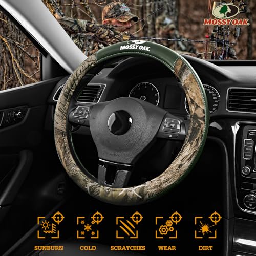 Mossy Oak Camo Steering Wheel Cover, Durable Grip Car Steering Cover, Universal Fit 14.5"–15.5" - Made with Premium Green PVC Leather and Cotton Fabric, Anti-Slip - Official Licensed Product - color: Green