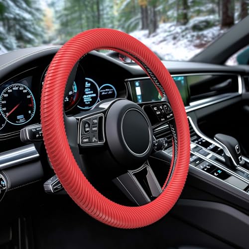 WOCOCN Car Steering Wheel Cover, Thin Anti-Skid Silicone Steering Wheel Cover for Men & Women, Universal Automotive Interior Accessories for Most Cars (Red) - color: Red