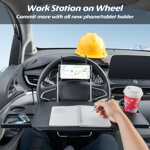 Paffenery Large Car Steering Wheel Tray Back Seat Headrest Tray with Phone Holder, Steering Wheel Desk Food Table for Car Laptop Mount Steering Wheel for Large Trucks