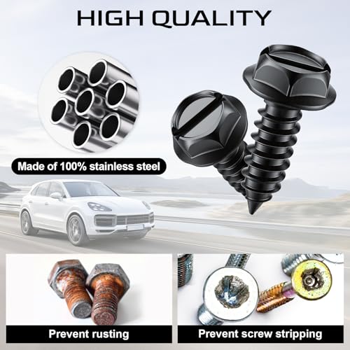 LivTee Rustproof License Plate Screws for Securing License Plates Frames and Covers on Cars and Trucks, 8 Sets Premium Stainless Steel Self Tapping Mounting Bolts (Black Zinc Plated) - color: Slotted-Black, size: 8 Pack