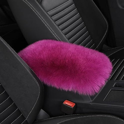 Genuine Sheepskin Center Console Cover Pad Genuine Furry Fluffy Wool Fur Car Armrest Cover Protector Universal Fit for SUV/Truck/Car - color: Long Wool-Purple Pink