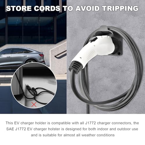 EV Charger Holder, Wall Mount Electric Car Charging Cable Organizer for SAE J1772 Charger, Space-Saving Nozzle Holster Dock Cable Hanger for Electric Vehicle Charging