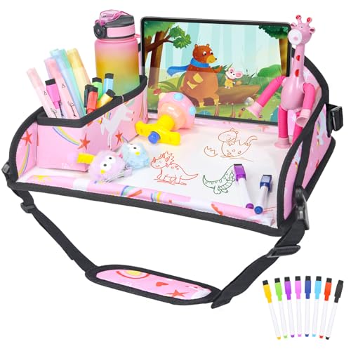 Kids Travel Tray for Car Airplane - Car Seat Tray for Kids Travel, Toddler Carseat Lap Table, Road Trip Essentials, Lap Desk for Kid Roadtrip Activities, Pink Unicorn - color: Pink Unicorn