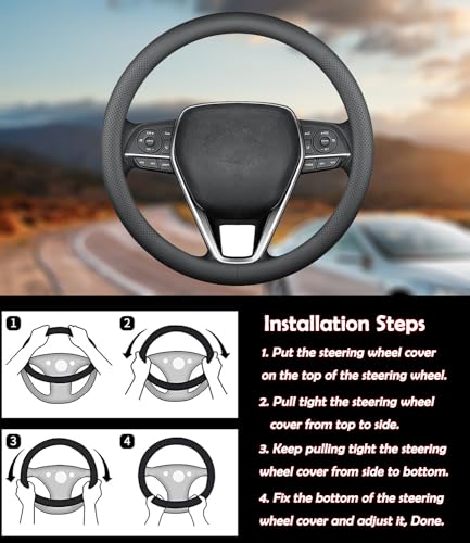 XHRING Car Steering Wheel Cover for Toyota Tacoma 2012-2026 Tundra 2000-2026 4Runner 10-2026 Sequoia 14-2026 2/4 Door SR5 Trail Limited Platinum TRD Pro Off Road 4x4 Sport Accessories, Leather Black L