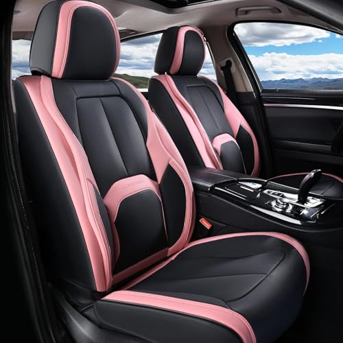 Coverado Seat Covers, Car Seat Covers Front Seats, Nappa Leather Seat Covers for Cars, Waterproof Car Seat Protector with Lumbar Support, Front Seat Covers Universal Fit for Most Cars (Black&Pink) - color: A-Black&Pink, size: Front
