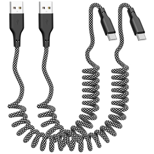 Coiled Carplay Car Charger Fast Charging, [2-Pack, 3ft] Retractable Braid USB A to USB C Cable for iPhone 17/17 Air/16/15/Plus/Pro Max/MacBook Pro/Samsung Galaxy S10/Android Devices, USB C Cord, Grey - color: Grey