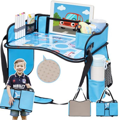 OUOZZZ Kids Travel Tray for Car - Boy's Safety Seat Table, Toddler Road Trip Essentials - Carseat/Airplane Lap Desk with Weight-Relief Strap, Non-Skid Silicone Base, Waterproof Dining/Craft Mat - color: Car