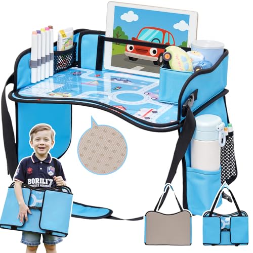 OUOZZZ Kids Travel Tray for Car - Boy's Safety Seat Table, Toddler Road Trip Essentials - Carseat/Airplane Lap Desk with Weight-Relief Strap, Non-Skid Silicone Base, Waterproof Dining/Craft Mat - color: Car