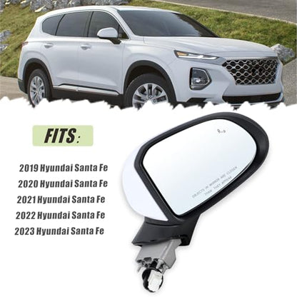 Right Passenger Side Mirror Compatible With 2019 2020 2021 2022 2023 Hyundai Santa Fe With Manual Folding Power Glass Blind Spot White Replace#87620-S2010(5Pins) - size: R