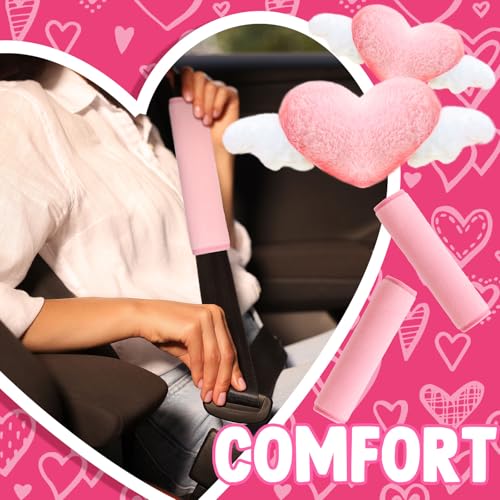 Fanfanwin 4 Pcs Car Accessories Set Include 2 Pcs Pink Heart Shaped Car Headrest Pillow with Angel Wings2 Pcs Pink Faux Fur Universal Seatbelt Cover Kawaii Soft Neck Rest Cushion for Truck SUV Decor