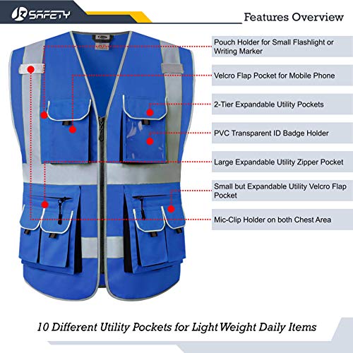 JKSafety 10 Pockets High Visibility Zipper Front Blue Safety Vest with High Reflective Strips Meets ANSI/ISEA Standards (Medium, 88-Blue) - color: Blue, size: Medium