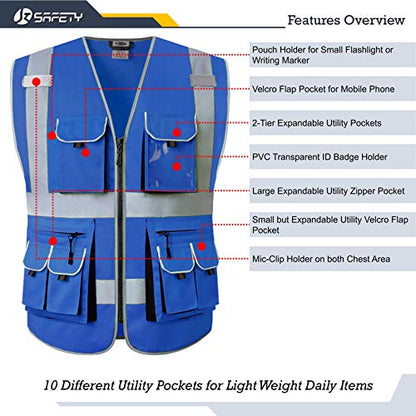 JKSafety 10 Pockets High Visibility Zipper Front Blue Safety Vest with High Reflective Strips Meets ANSI/ISEA Standards (Medium, 88-Blue) - color: Blue, size: Medium