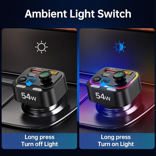 Syncwire Bluetooth 5.4 FM Transmitter Car Adapter 54W (PD 36W & 18W) [Stronger Dual Mics] [Light Switch] [HiFi Bass Sound] [Fast Charging] Wireless Radio Receiver Hands-Free Calling LED Display - color: Black