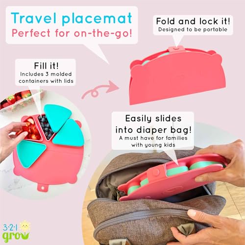 Silicone On-The-Go Snack Mat – Foldable Reusable Placemat with 3 Compartments and Lids – Travel-Friendly Baby and Toddler Snack Plate – Dishwasher Safe (Cotton Candy) - color: Cotton Candy